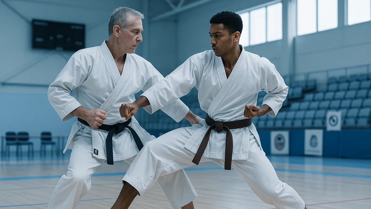 A karate practitioner in mid-sparring, with a focused expression, demonstrating a strong stance and extended punch, while their opponent mirrors the intensity.