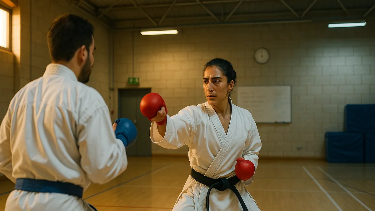 A young female black belt karateka in a dynamic stance in a modern sports hall with mixed window and fluorescent lighting
