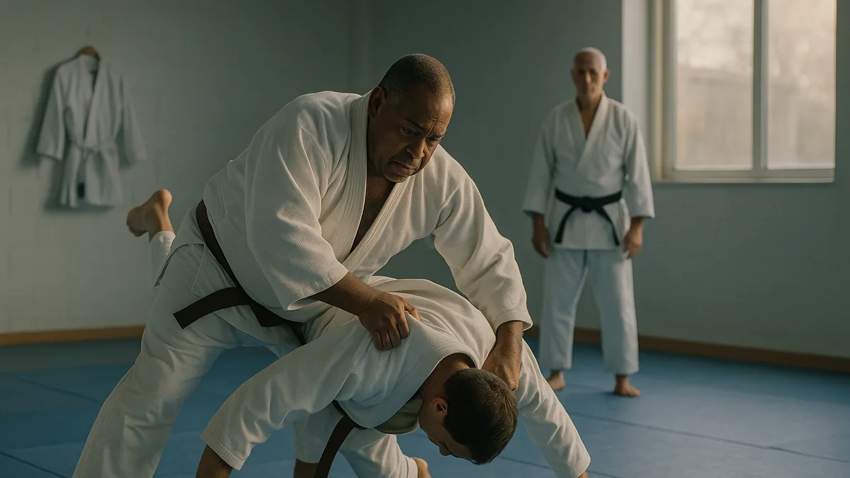 A karateka in a gi is practicing a judo throw on a mat, with a judo instructor in the background observing.