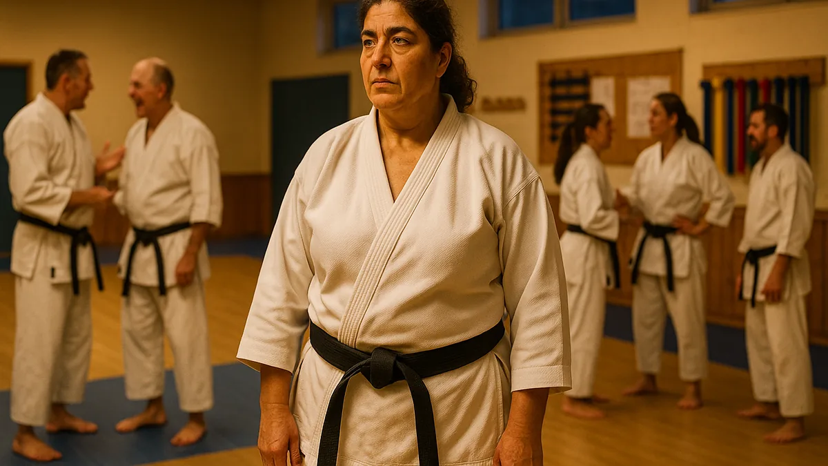 A karate student stands alone in a dojo, looking contemplative, while two groups of practitioners chat animatedly in the background.
