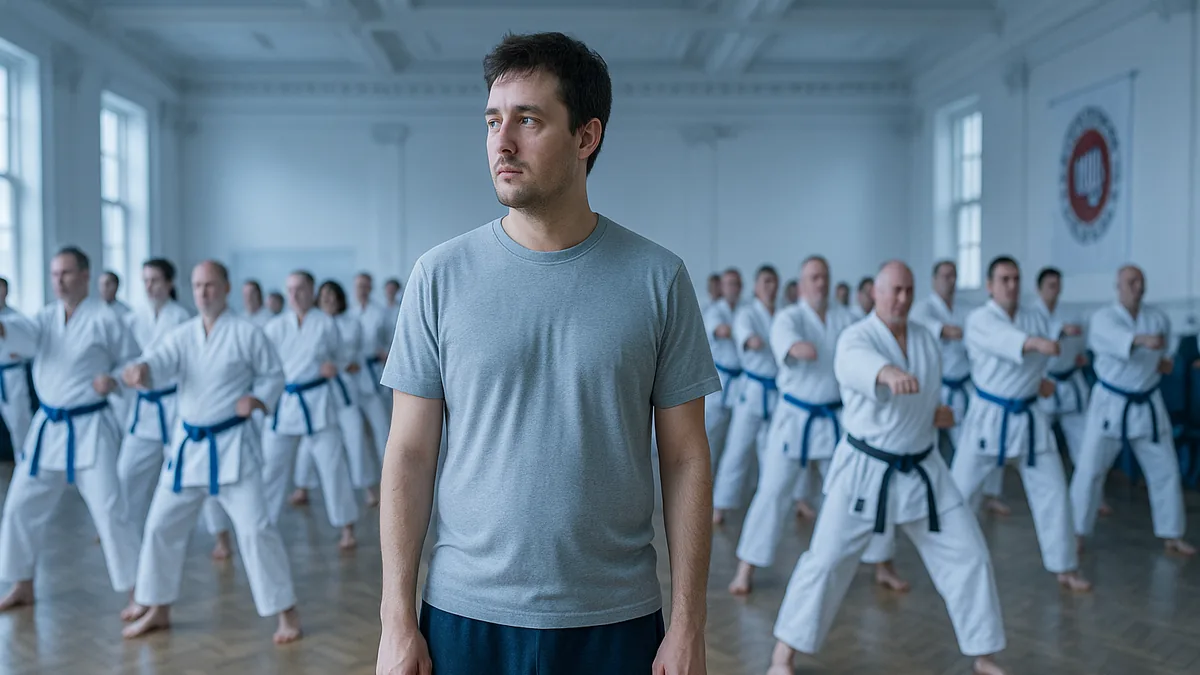 A beginner in a grey t-shirt and joggers standing centre-frame in a bright seminar hall while karate students train behind them