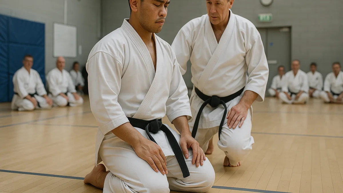 A young Southeast Asian karateka kneeling in seiza beside a senior instructor at a grading in a modern sports hall