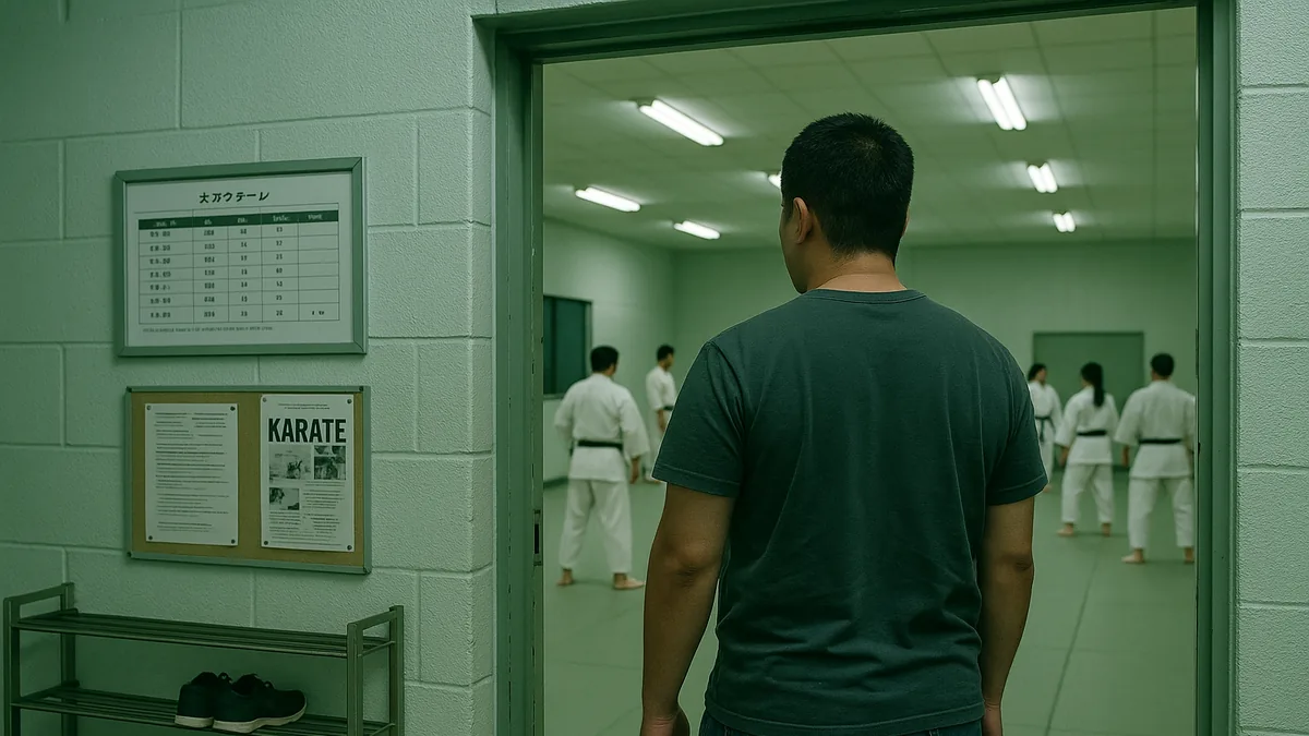 A visitor in casual clothes stands at the entrance of a dojo, observing a karate class in progress.