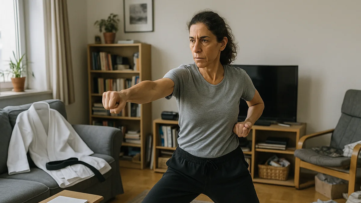 A lone karate practitioner in casual clothes practices kata in a small, cluttered living room, with a karate gi draped over a chair.