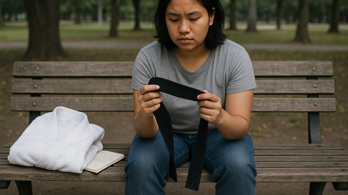 A person in casual clothes sits on a park bench, looking thoughtfully at a karate belt in their hands.