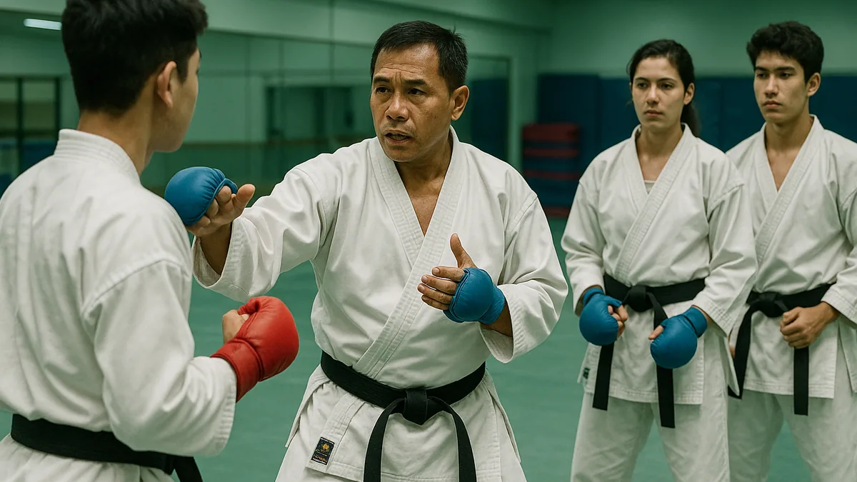 A senior karate practitioner is guiding a group of younger students during a sparring session, demonstrating a technique while explaining its nuances.
