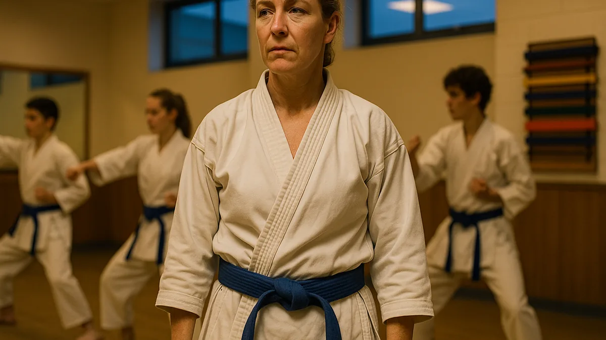 A senior student stands in the dojo, surrounded by junior students practicing, while they look on with a thoughtful expression.