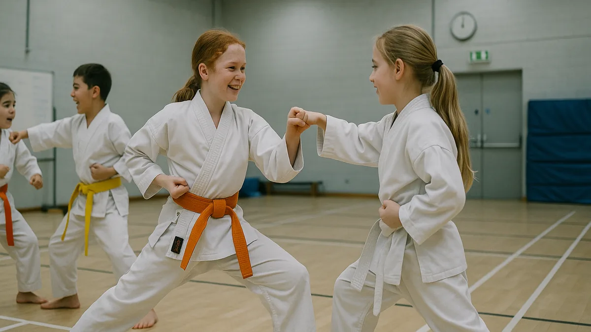 A group of young children aged 7-12 in white karate gi training together in a community centre hall