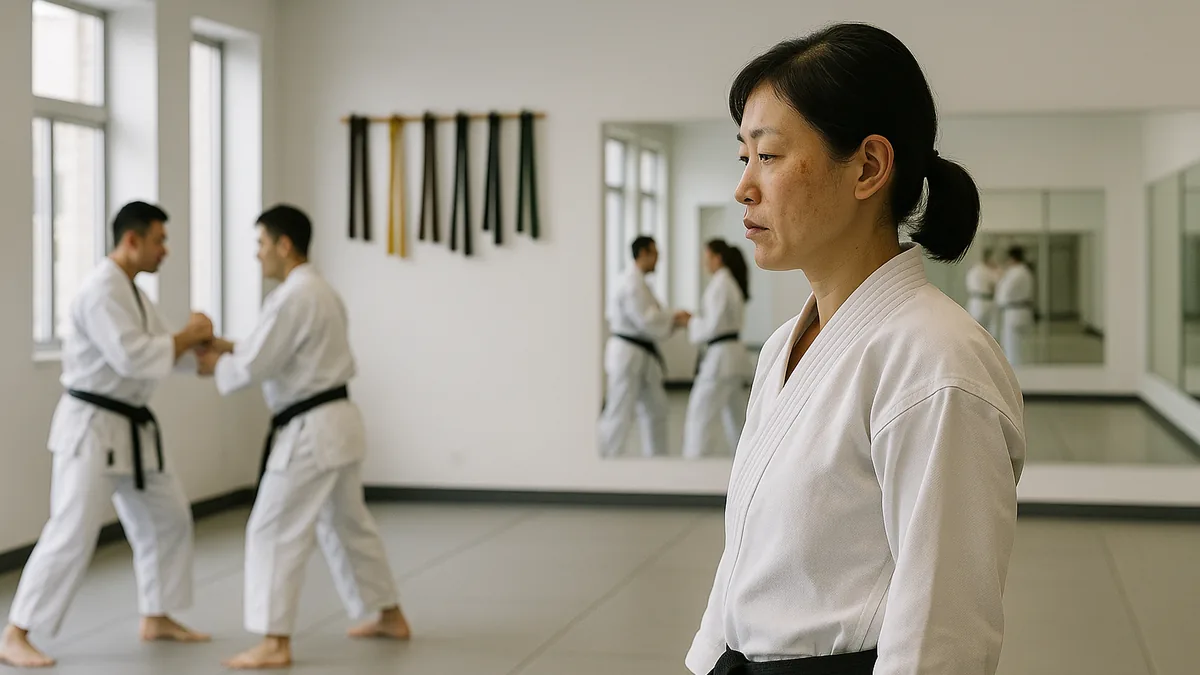 A senior karate student stands alone in a dojo, looking introspective, while other students engage in friendly training in the background.