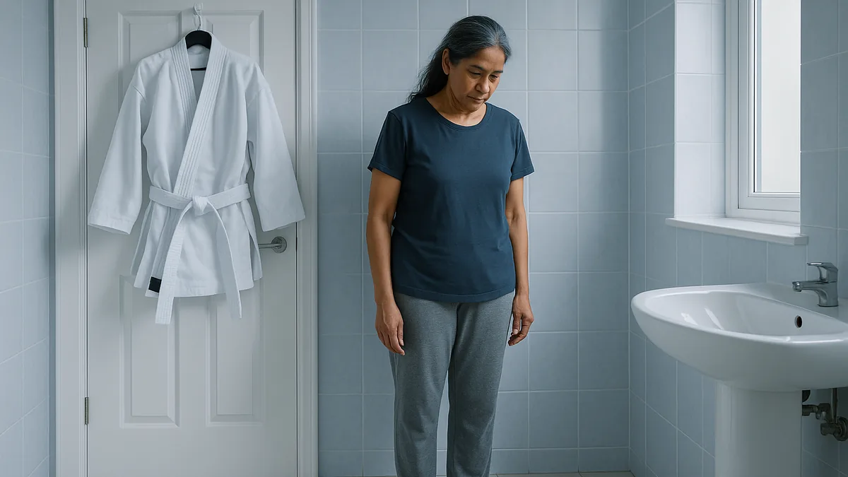 A person in casual clothes stands on a bathroom scale, looking down with a thoughtful expression, while a karate gi hangs on a nearby hook.