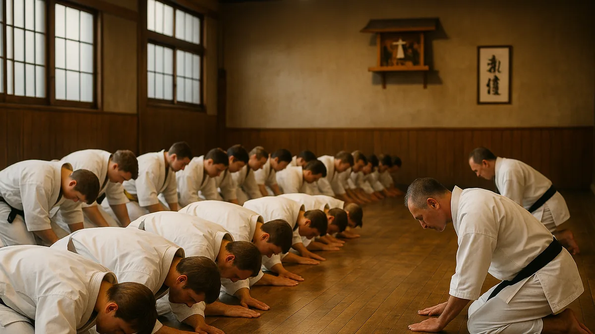 Karate students kneeling in seiza performing the opening bow in a traditional dojo