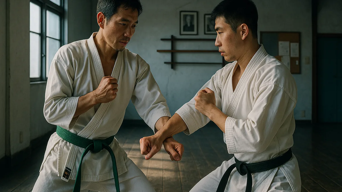 Two karateka practising a wrist-grab release self-defence technique in a traditional timber dojo