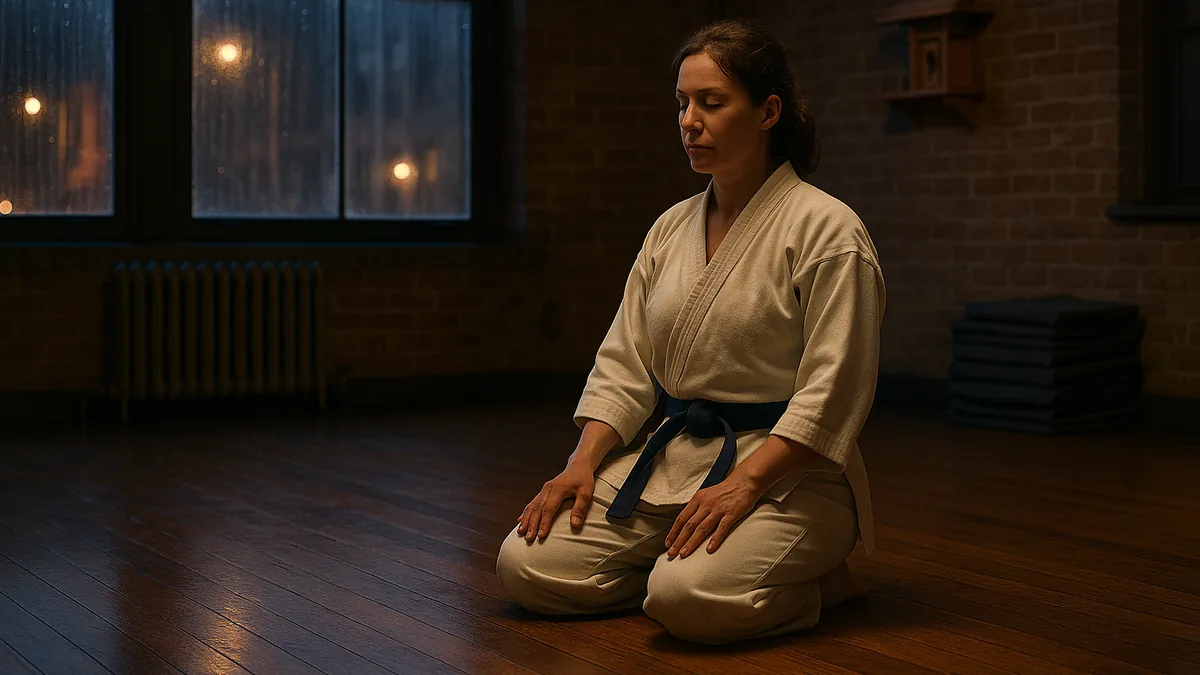 A karate practitioner kneels in quiet reflection on an empty dojo floor after evening training, rain on the windows behind her