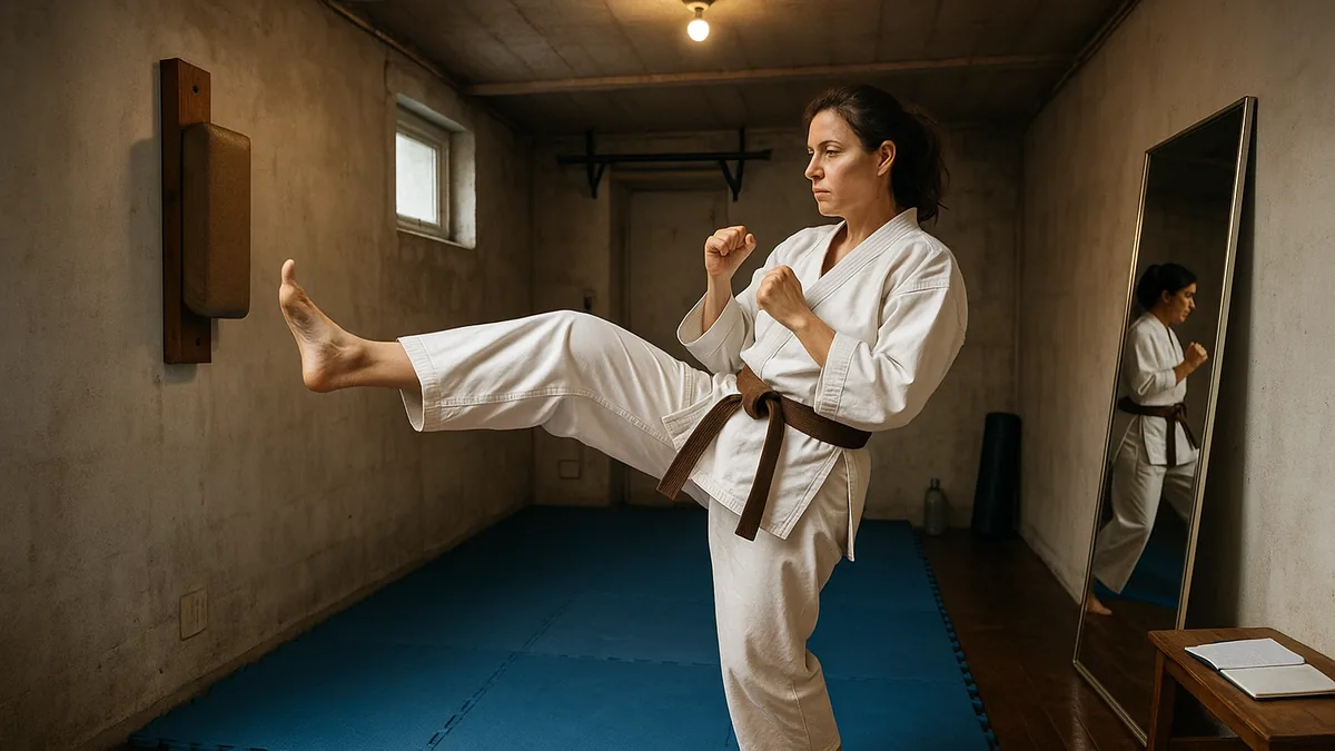 A female karate practitioner training in a converted garage home dojo with EVA mats and a makiwara pad