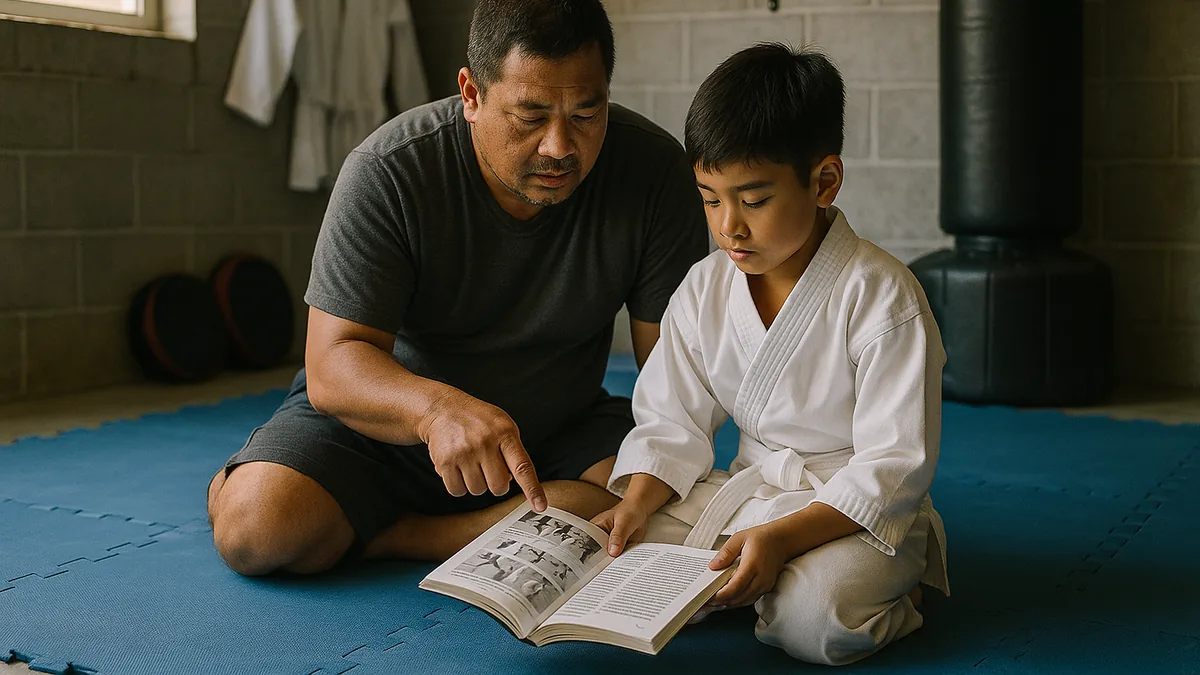 A parent in casual clothes kneels beside their child in a gi, both looking at a karate manual together in a garage dojo.