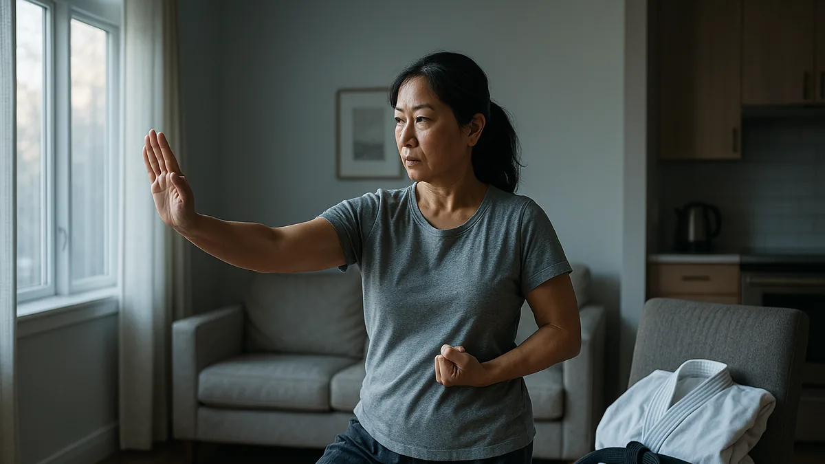 A person in casual morning attire performs slow kata movements in their living room, with a karate gi neatly folded on a nearby chair.