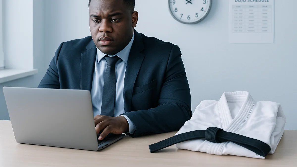 A person in business attire sits at a desk with a laptop open, a karate gi neatly folded beside them, and a wall clock showing 7pm.