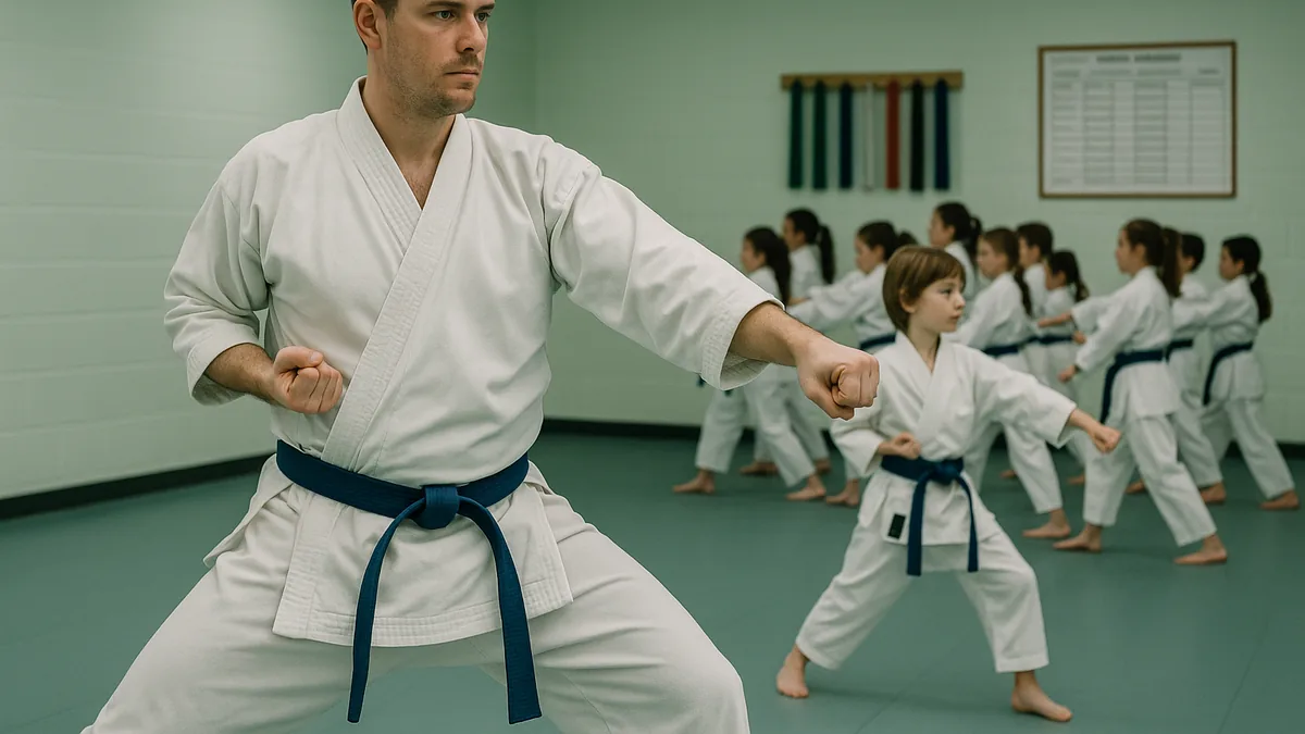 A parent in a karate gi is practicing a kata on one side of the dojo while their child, also in a gi, is training with a group of kids on the other side.