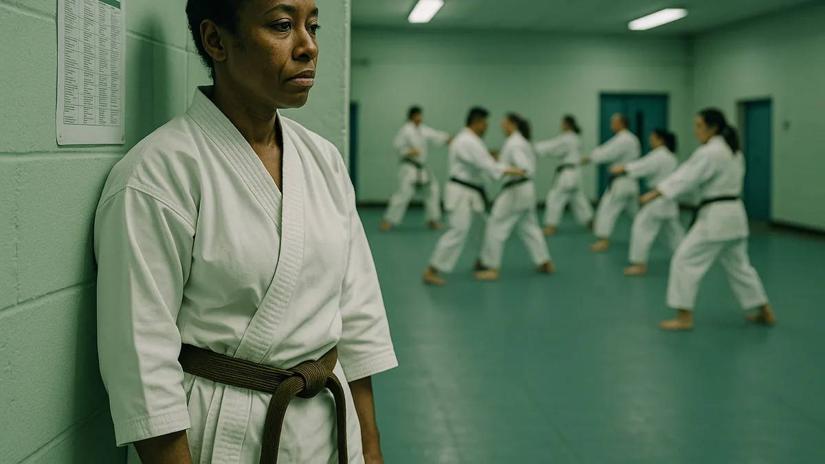 A karate student stands quietly at the edge of a dojo, observing a group training session with a thoughtful expression.