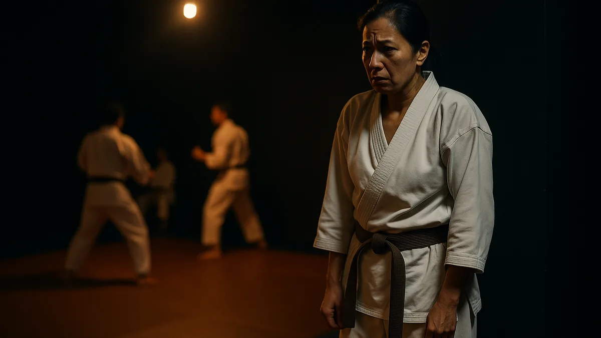 A karate student in a gi stands at the edge of the dojo, visibly tense with shoulders raised, while others practice in the background.