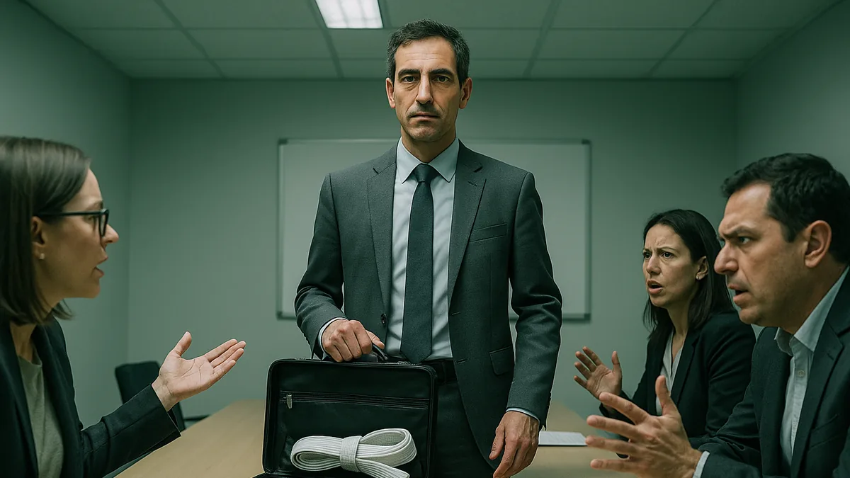 A person in business attire stands confidently in a tense office meeting, with a karate belt subtly visible in their briefcase.