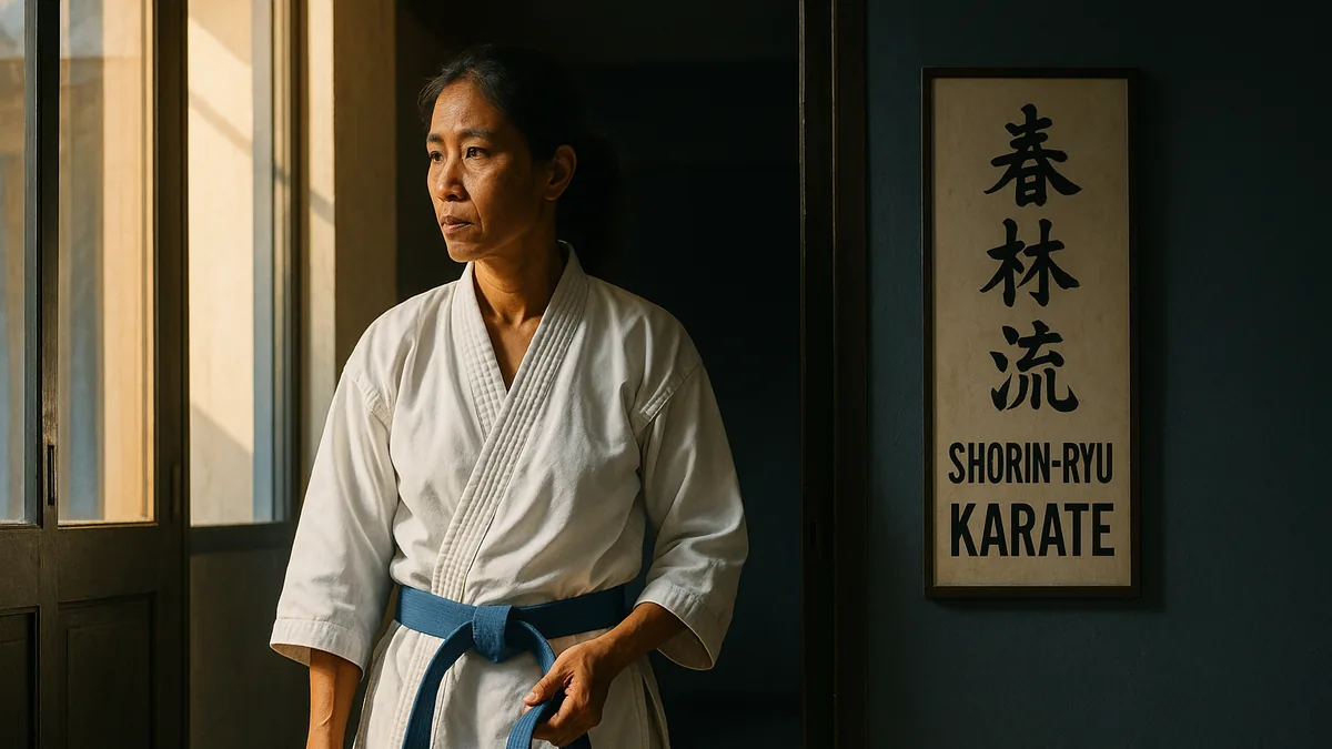 A karate practitioner stands at the entrance of a dojo, holding their belt in hand, looking contemplative.