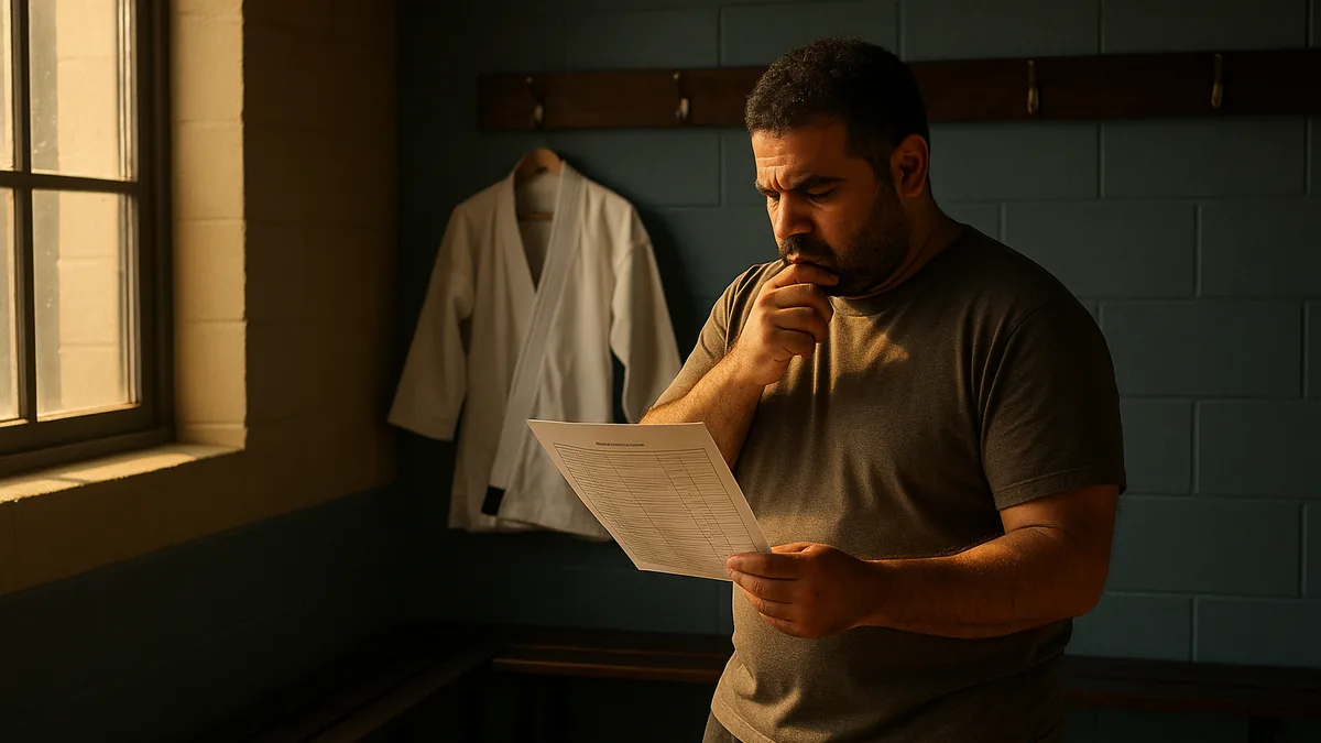 A student stands in a dojo changing room, looking at a grading syllabus with a thoughtful expression, while a gi hangs on a nearby hook.