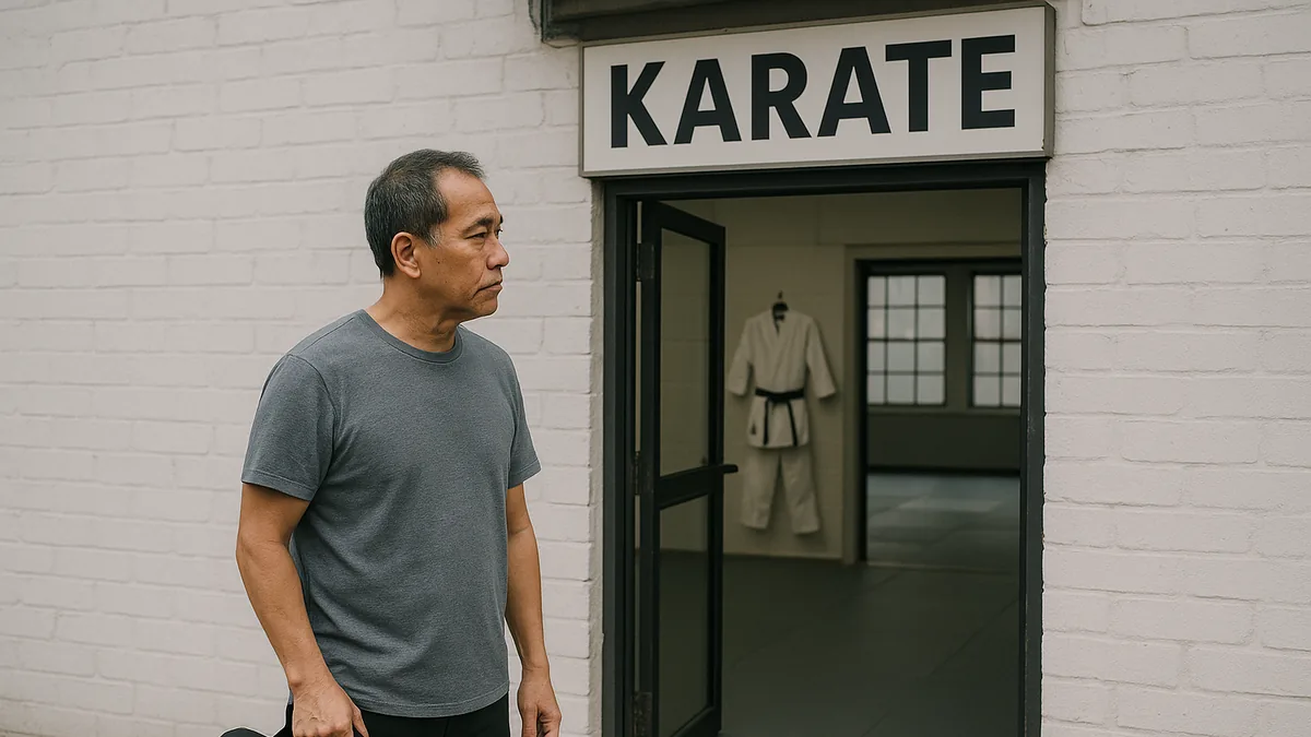 A person in casual clothes stands at the dojo entrance, holding a gym bag, looking contemplatively at the dojo sign.