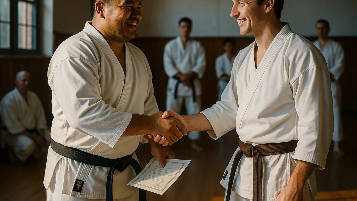 Two karate practitioners, one wearing a black belt and the other a brown belt, are shaking hands and smiling after a grading ceremony.