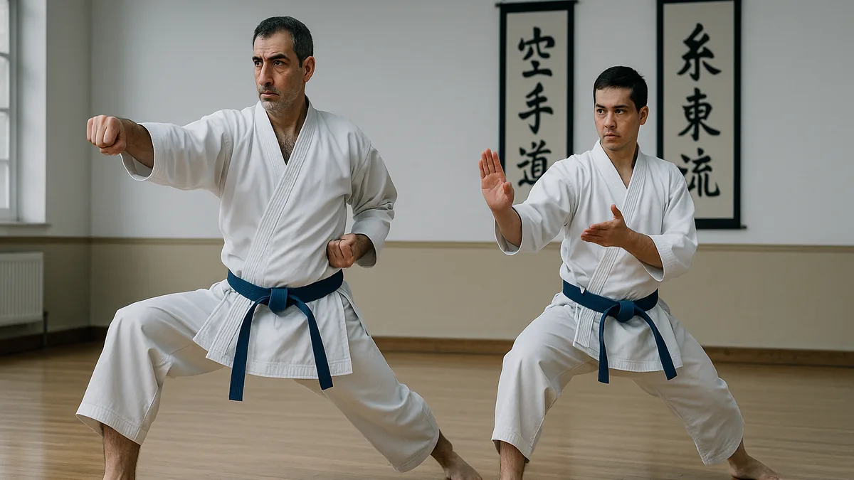 Two karate practitioners, one performing a Shotokan kata with long, deep stances and the other executing a Shito-Ryu kata with circular motions, side by side in a dojo.