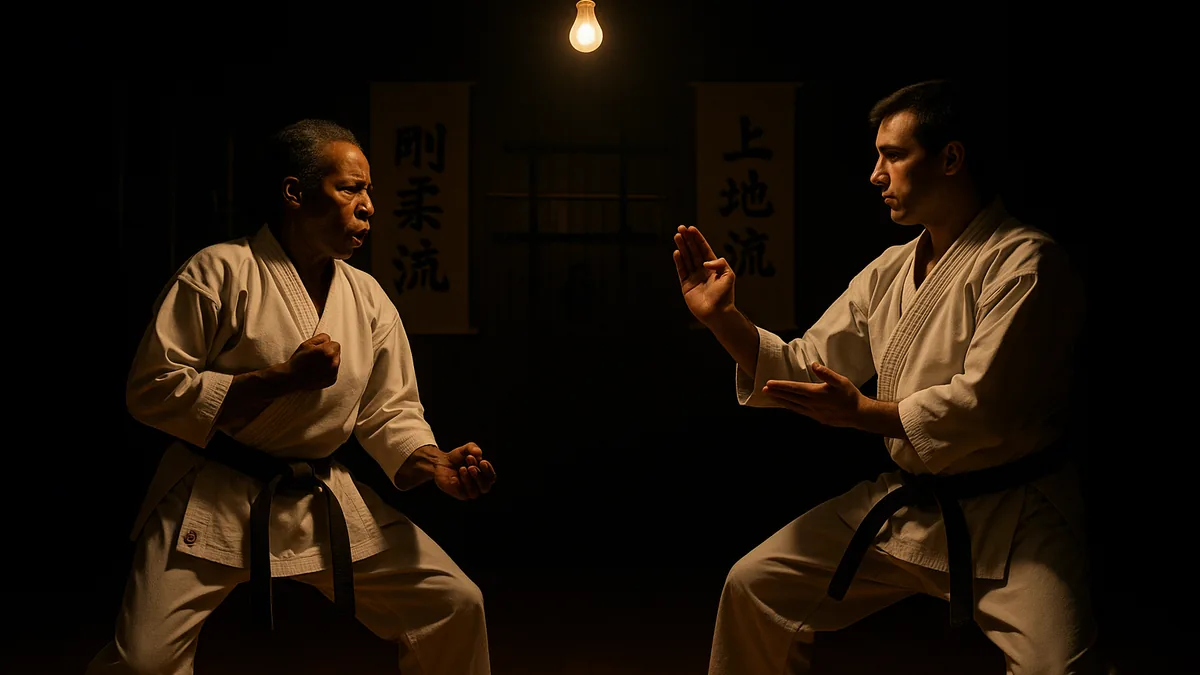 Two karate practitioners face each other, one in a Goju-Ryu stance with ibuki breathing, the other in a Uechi-Ryu stance, highlighting their distinct postures and techniques.