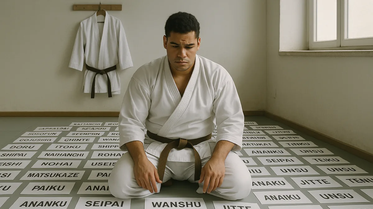 A karate practitioner is surrounded by a large array of kata name cards, each card representing a different kata from the Shito-ryu syllabus.