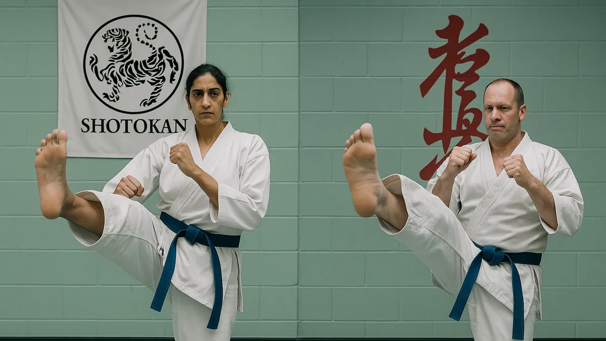 A Shotokan practitioner and a Kyokushin practitioner side by side, each demonstrating their version of a front kick.