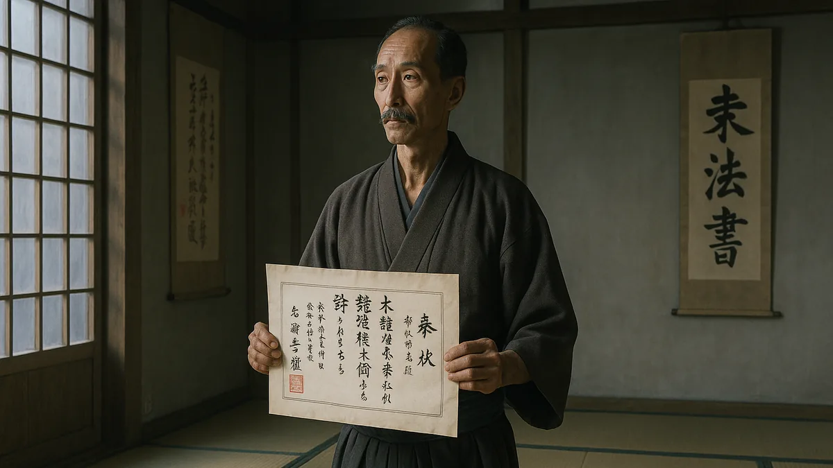 A historical portrait of Hironori Otsuka in traditional attire, holding a certificate of proficiency in Shindo Yoshin-ryu jujutsu.