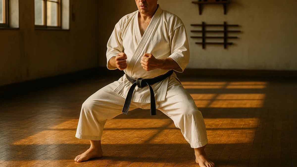 A senior black belt practitioner in sanchin-dachi performing controlled breathing in a quiet dojo with warm afternoon light