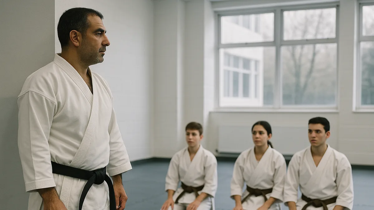 A black belt karateka attentively observing a class while standing at the edge of the dojo, with a group of lower belts watching them.