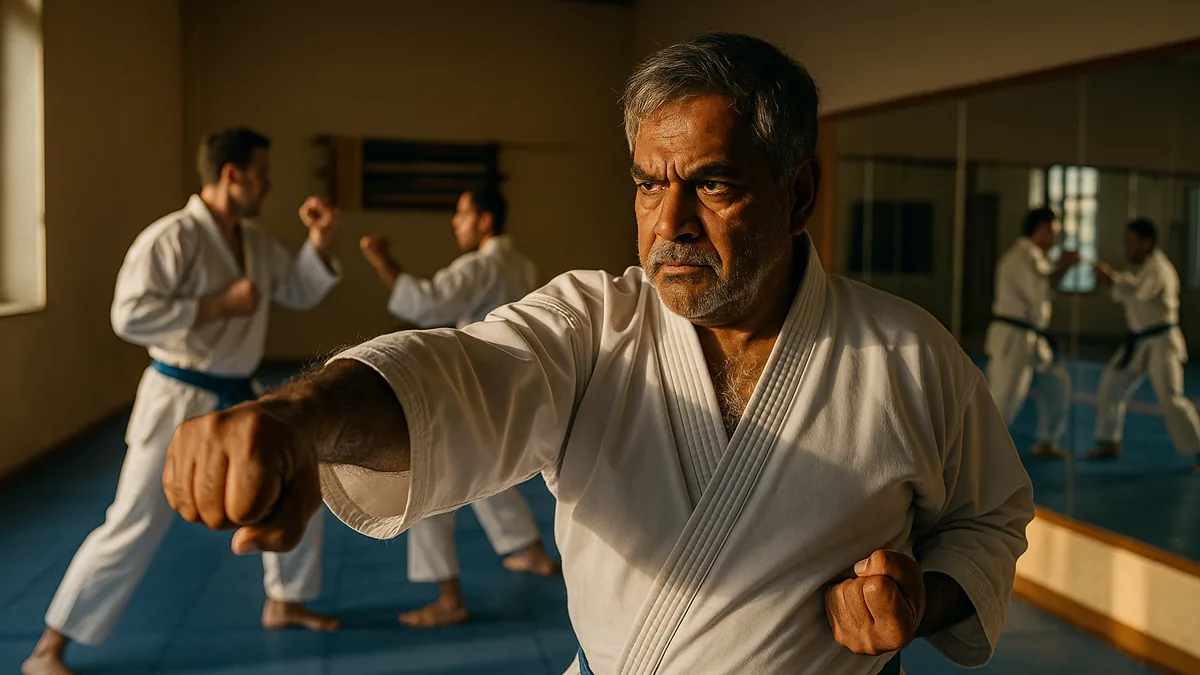Two karate practitioners in a dojo, one drilling a punch with focus while the other spars in the background, highlighting the contrast between the two training methods.