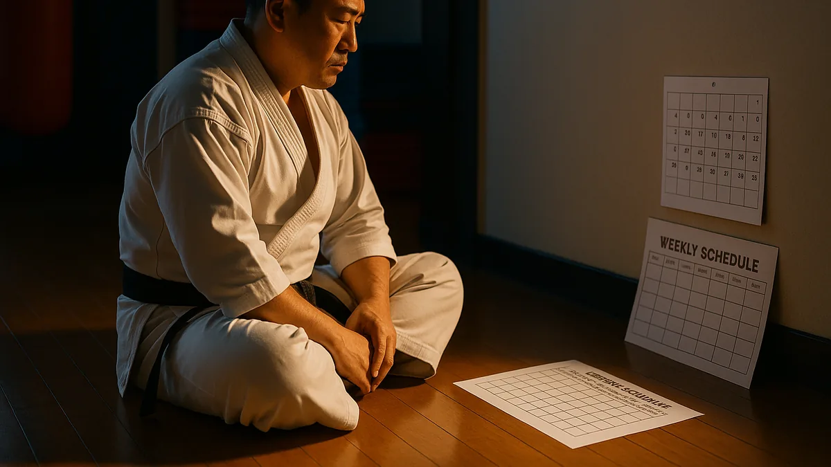 A karate student sits cross-legged on the dojo floor, surrounded by a weekly training schedule and a calendar, contemplating their training plan.