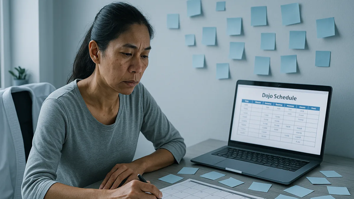 A person sits at a desk with a calendar open, surrounded by sticky notes and a laptop displaying a dojo schedule.