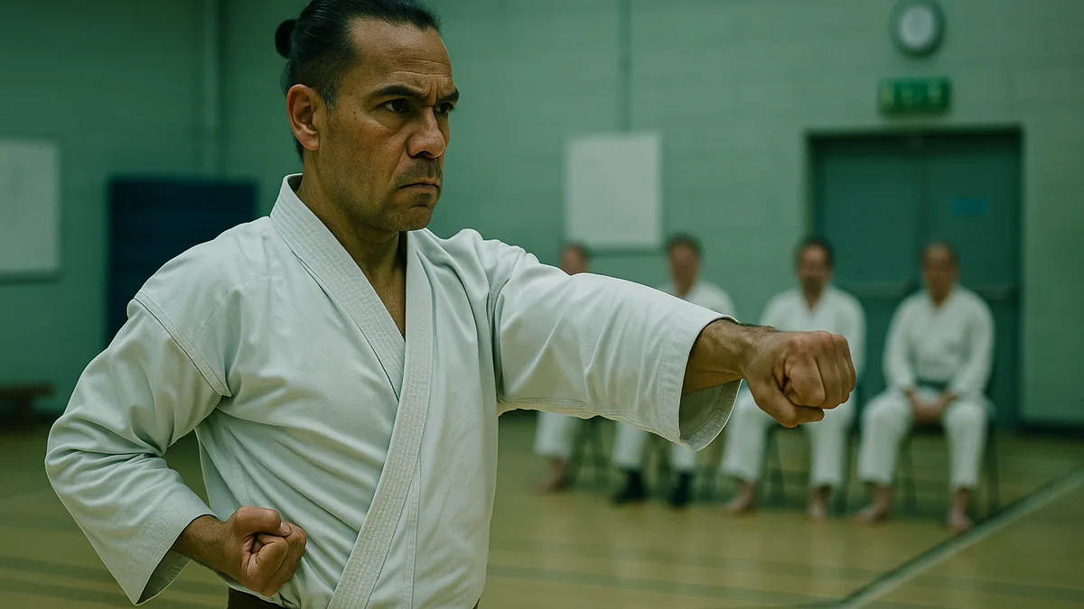 A karate practitioner stands in a relaxed but alert posture, eyes softly focused, embodying a state of readiness without tension.