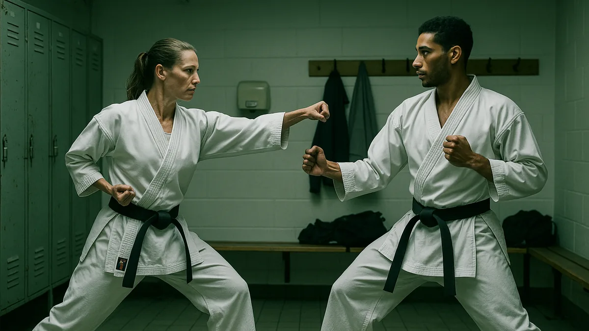 A karate practitioner intensely focused on their partner's chest during a sparring session, anticipating the next move.