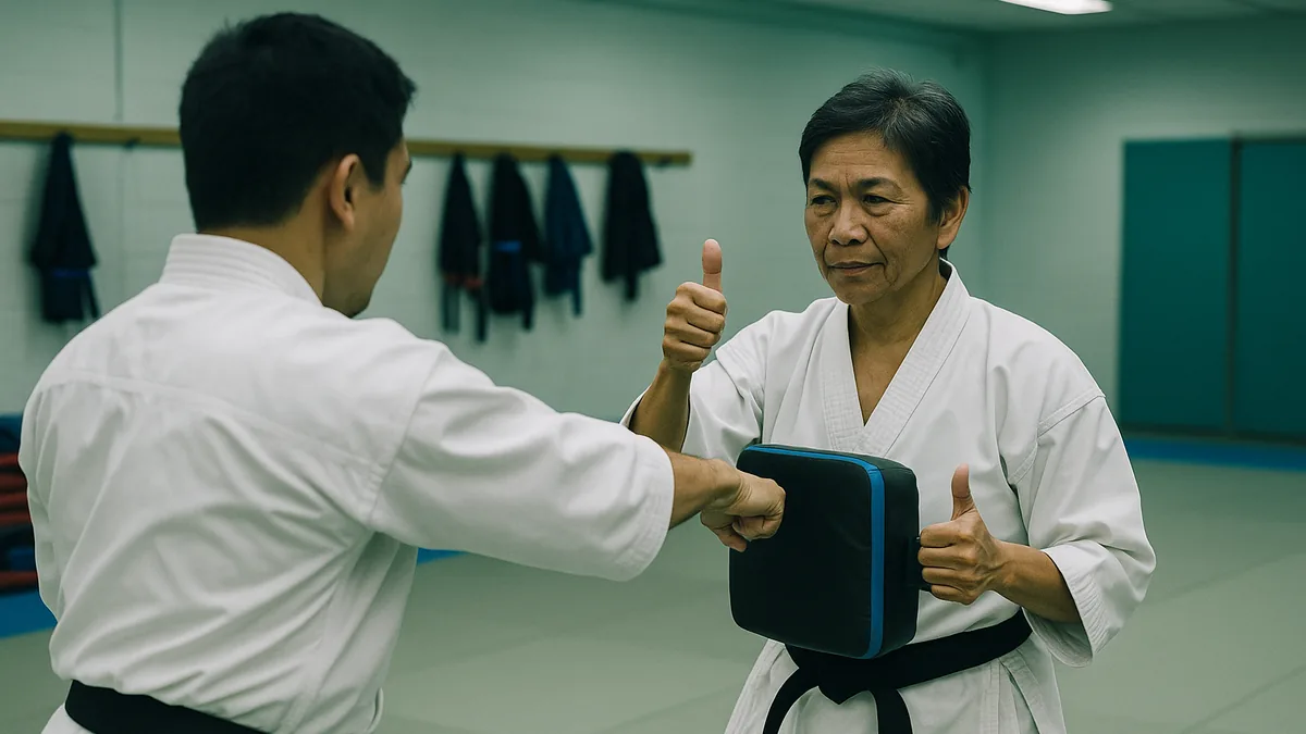 Two karate practitioners in a dojo, one holding pads while the other delivers a punch, with the pad holder giving a thumbs-up to indicate effective feedback.