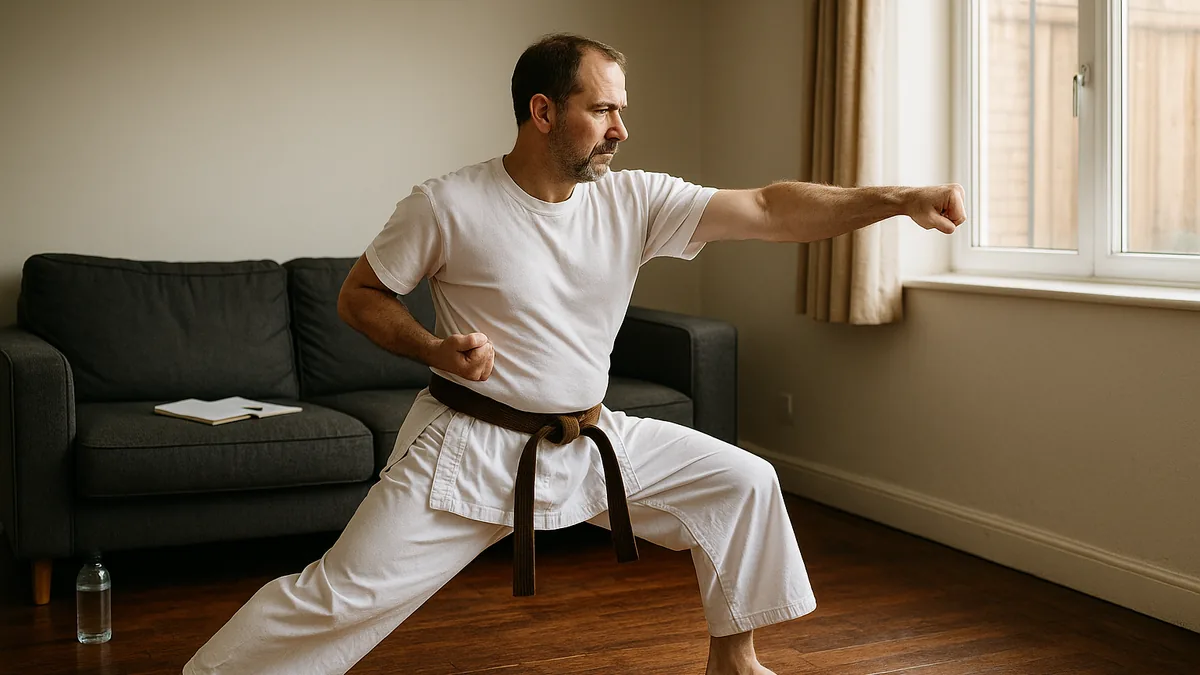 A karate practitioner training alone in a cleared living room with furniture pushed back