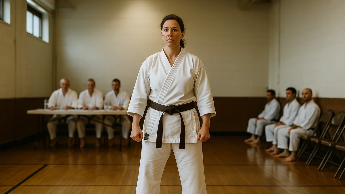 A brown belt karate practitioner standing in yoi position before a grading panel in a formal dojo setting