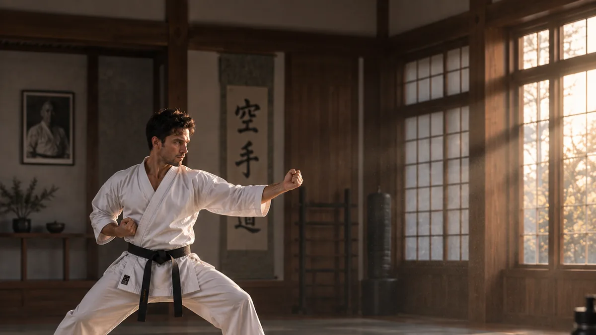 A person in casual workout attire sets a timer on their phone in a small garage gym, with a karate gi and belt hanging on a nearby hook.