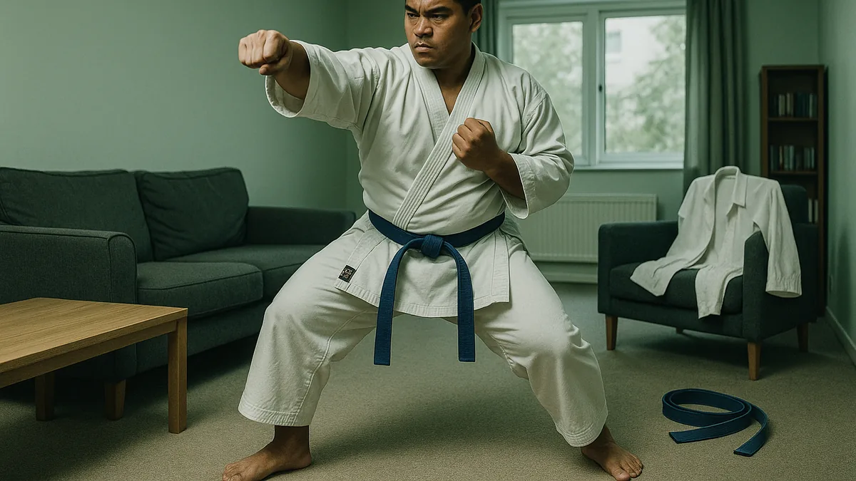 A person practicing shadow karate in their living room, surrounded by furniture, with a focused expression as they move through imagined combat scenarios.