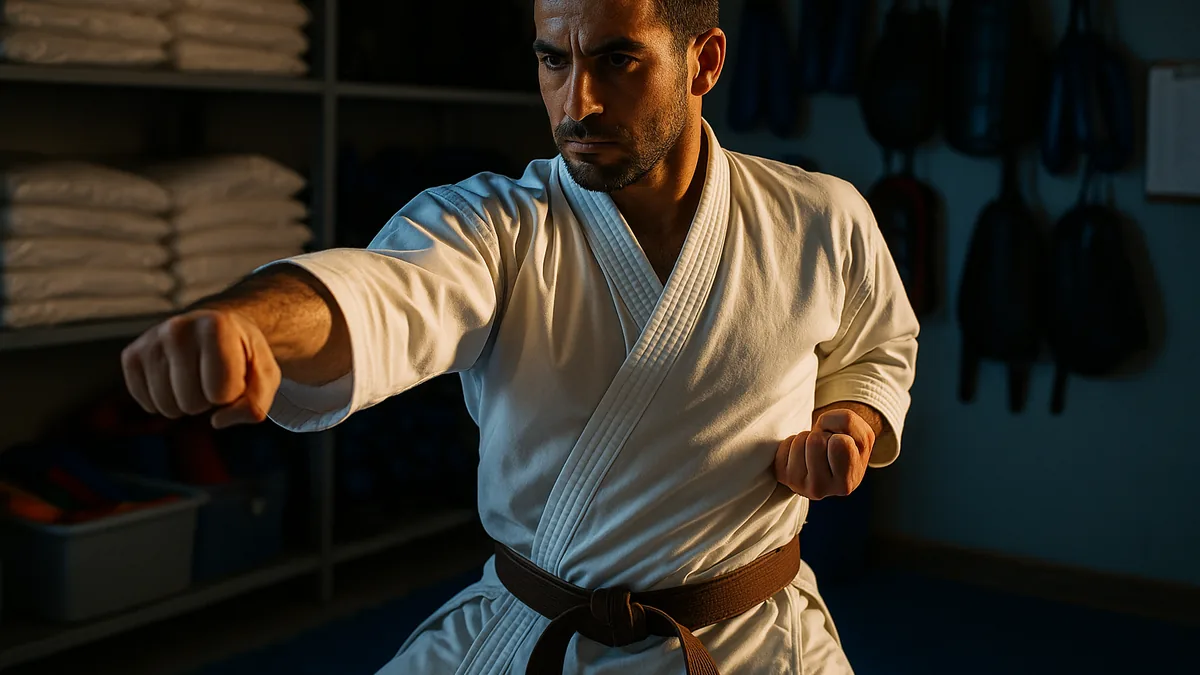 A karate student is executing a fluid jab-reverse punch combination on a heavy bag, with focus on continuous motion and hip rotation.