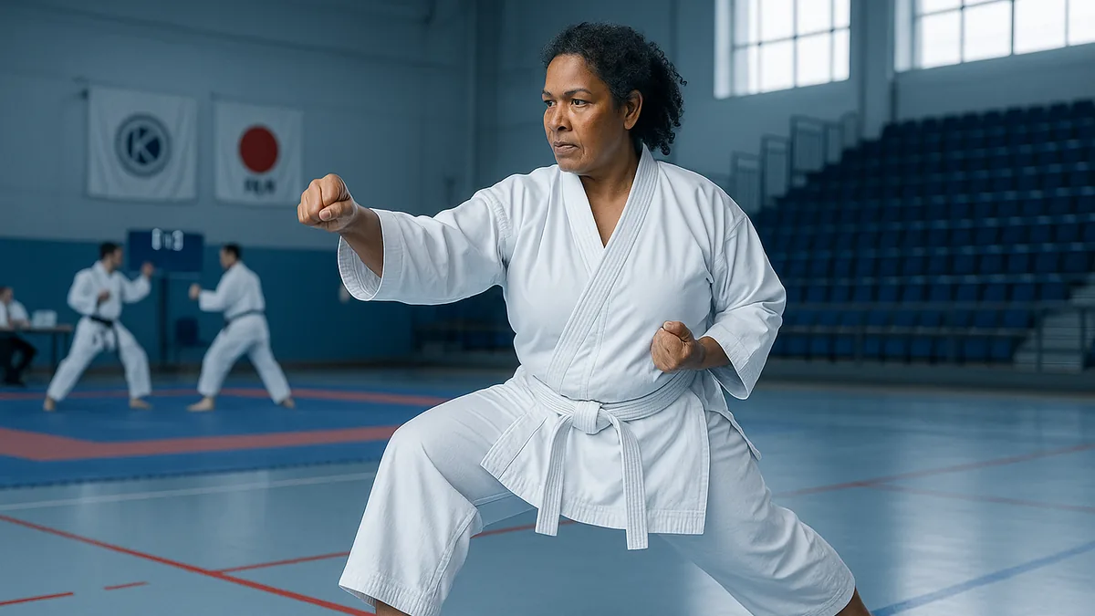 A karateka in mid-action, executing a precise kizami-zuki with focused hip rotation and tight elbow alignment.
