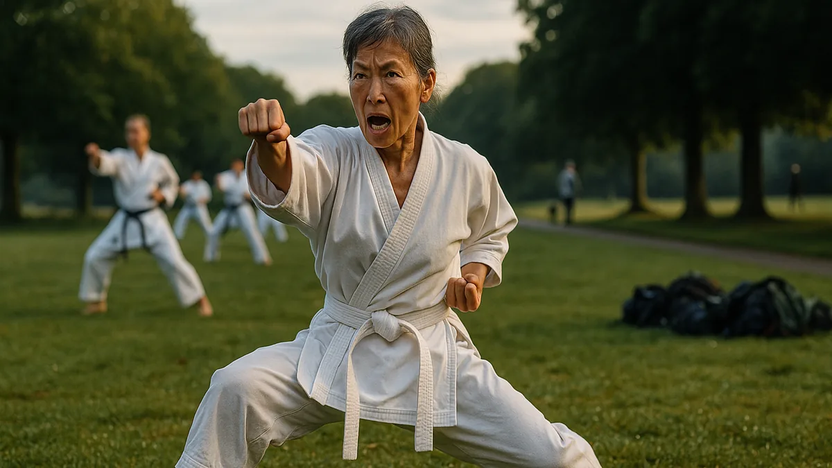 A karate practitioner executes a powerful mae-geri with visible hip drive, showing the kick's penetration into a pad held by a partner.