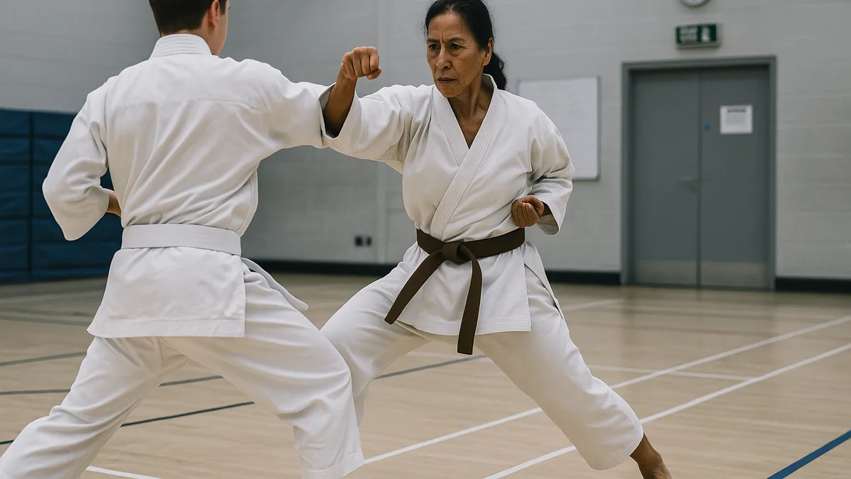 A karate practitioner is captured mid-execution of a mawashi-geri, with their knee chambered high and hip visibly rotating, demonstrating the mechanics of a proper roundhouse kick.